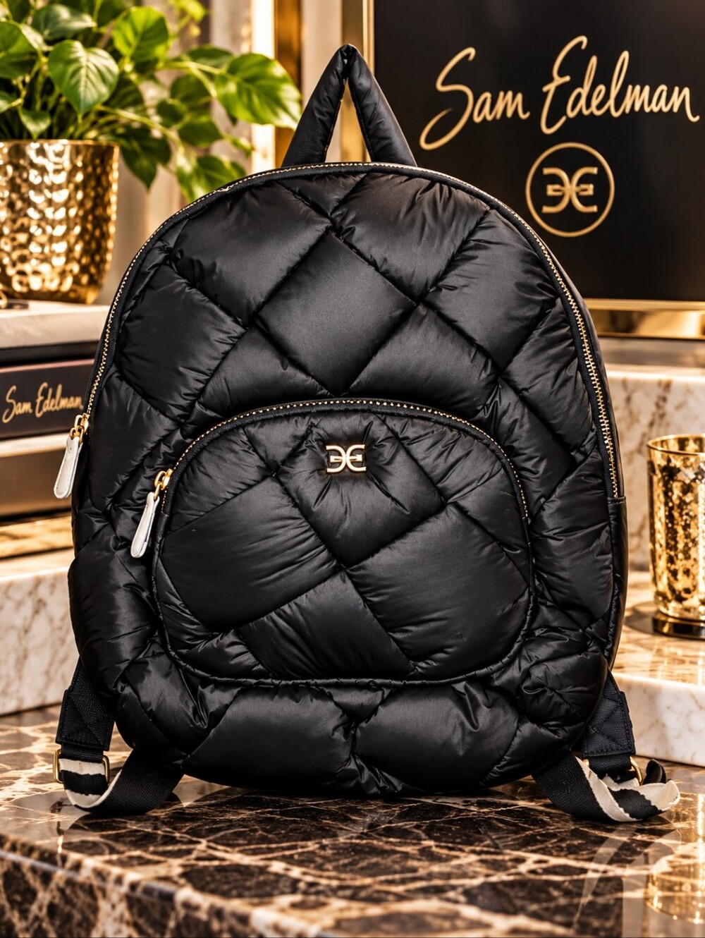 🎒 Quilted Black Puffer Backpack with Gold Hardware NWT by Sam Edelman